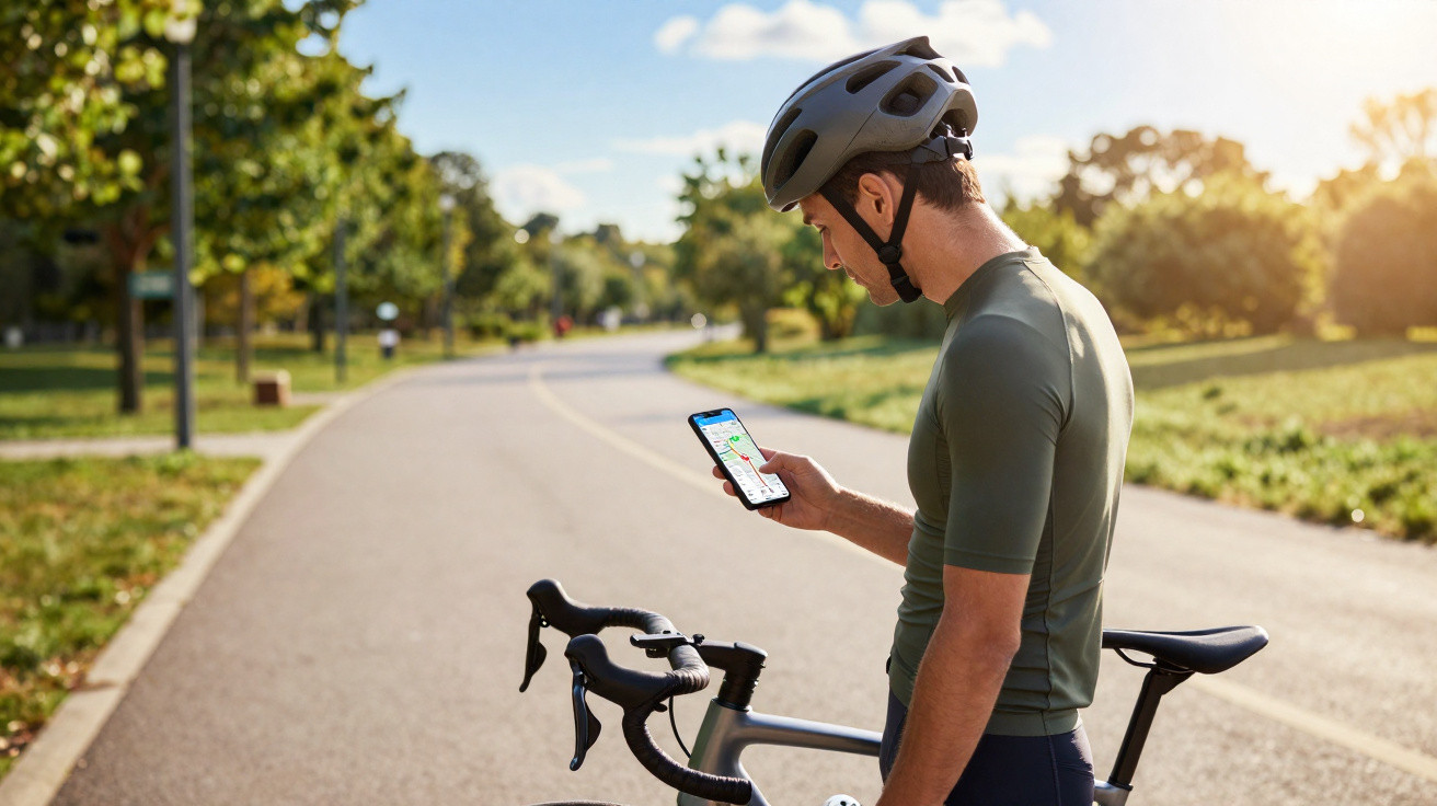 Cyclist wearing helmet checking smartphone while standing next to road bike on a sunny park path