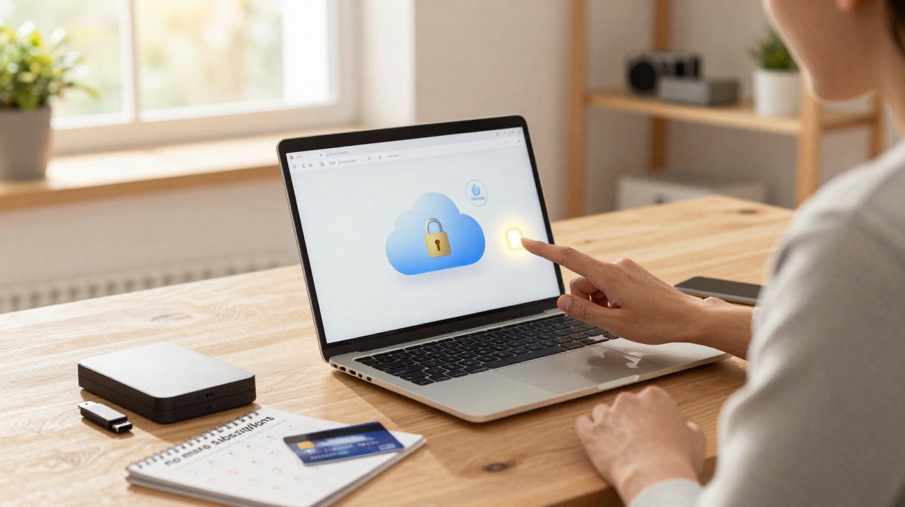 Person unlocking cloud data on a laptop with a locked padlock icon on screen at wooden desk.