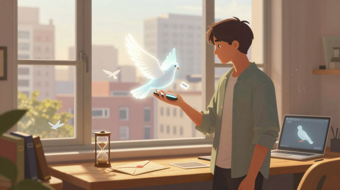 Young man in a room holding a glowing white dove messenger hovering above his hand by a city window.