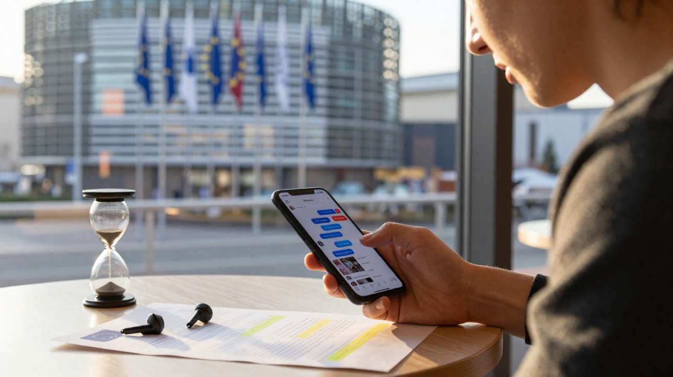 Person holding smartphone viewing messages, with an hourglass, earphones, and documents on the table by a large window.