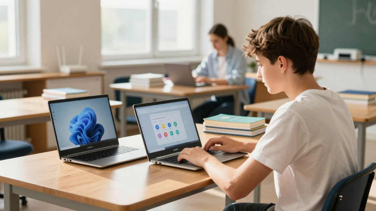 Student in white t-shirt using two laptops at a wooden desk in a bright classroom with another student in the background.