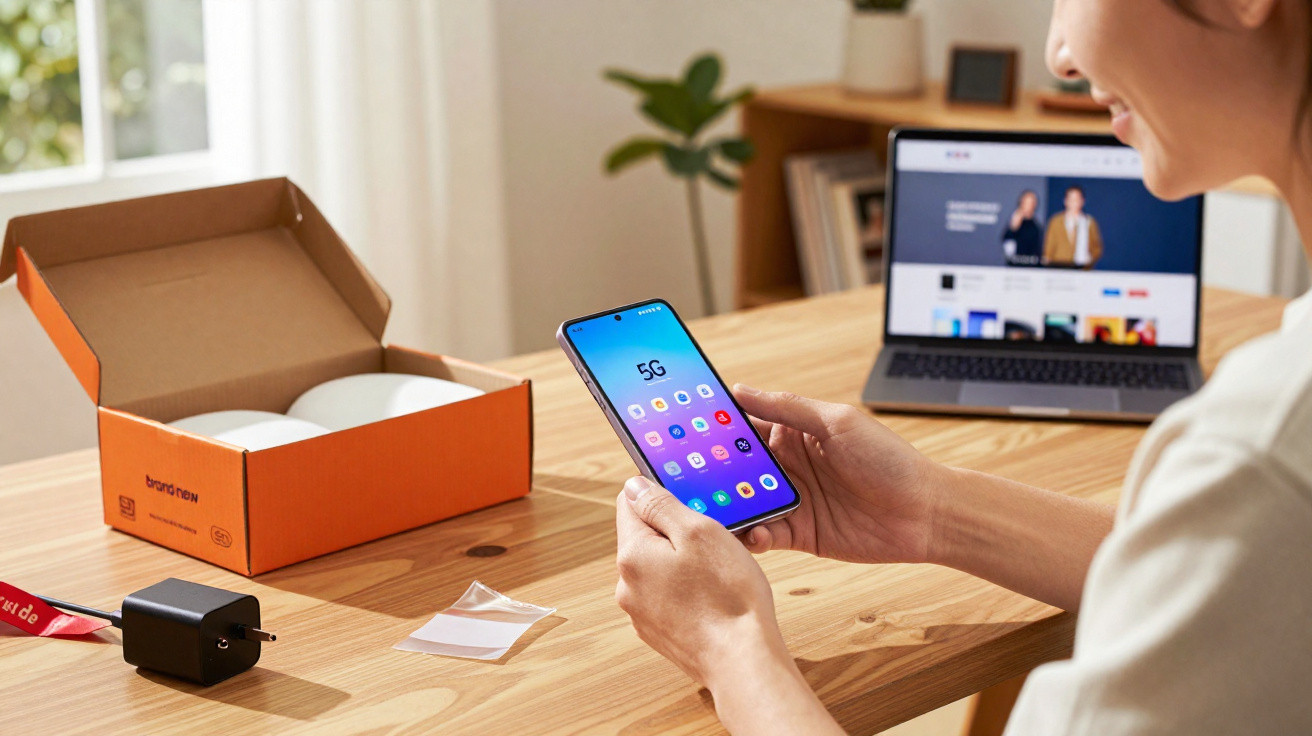 Person holding a smartphone displaying 5G on screen, with an open orange box and laptop on wooden table.