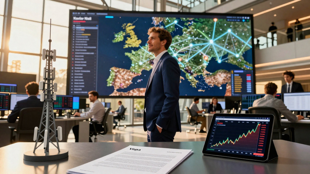 Businessman in office with digital map of Europe and stock market data on screens in background.