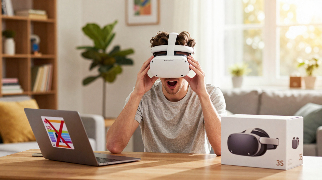 Man wearing a VR headset at a wooden table with a laptop and the VR headset box in a bright room.
