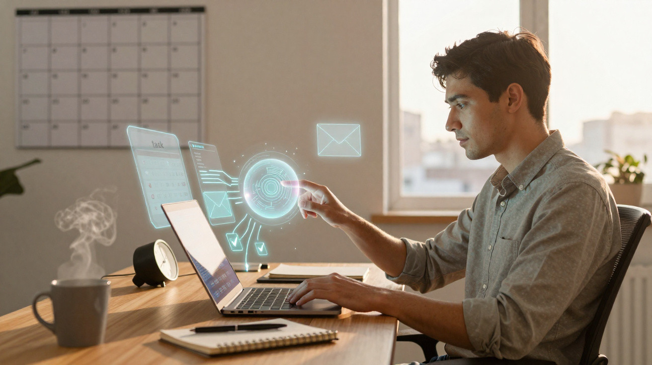 Man using laptop with digital hologram interface in a bright office room near window and calendar