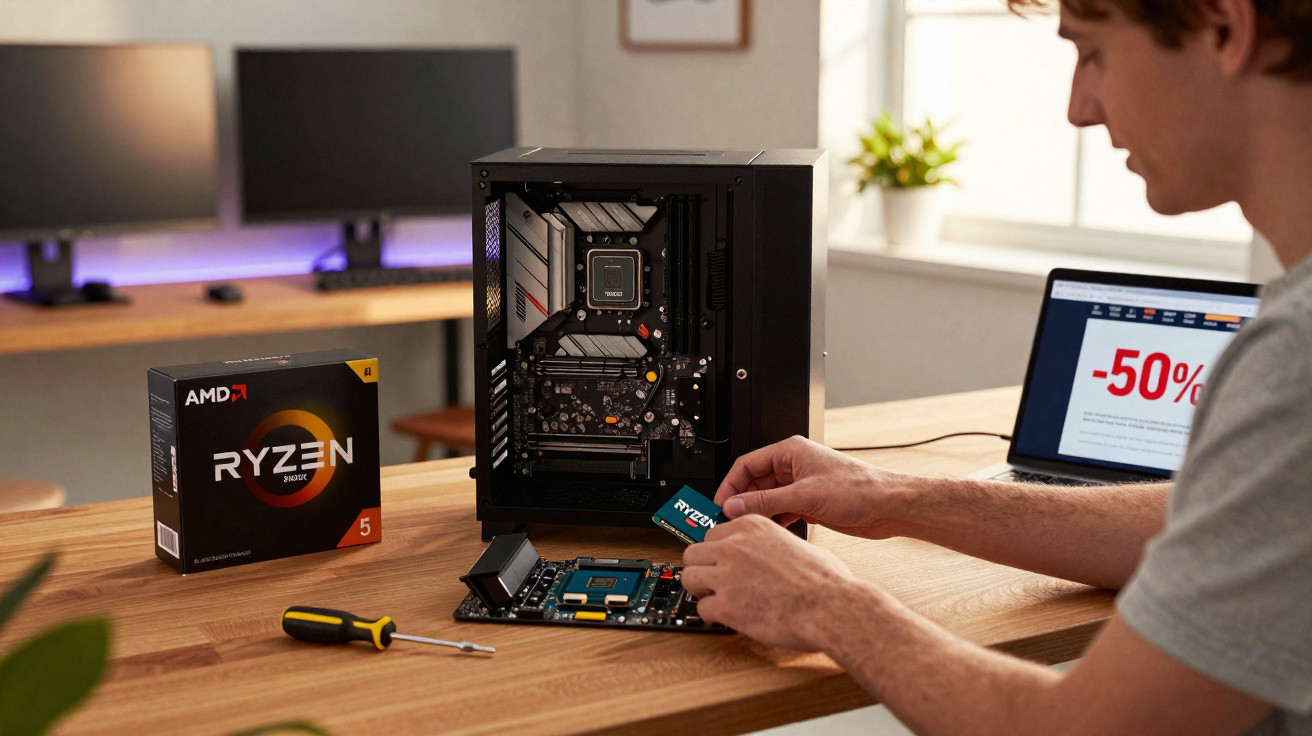 Person installing AMD Ryzen 5 processor into a PC motherboard on a wooden desk with tools nearby.