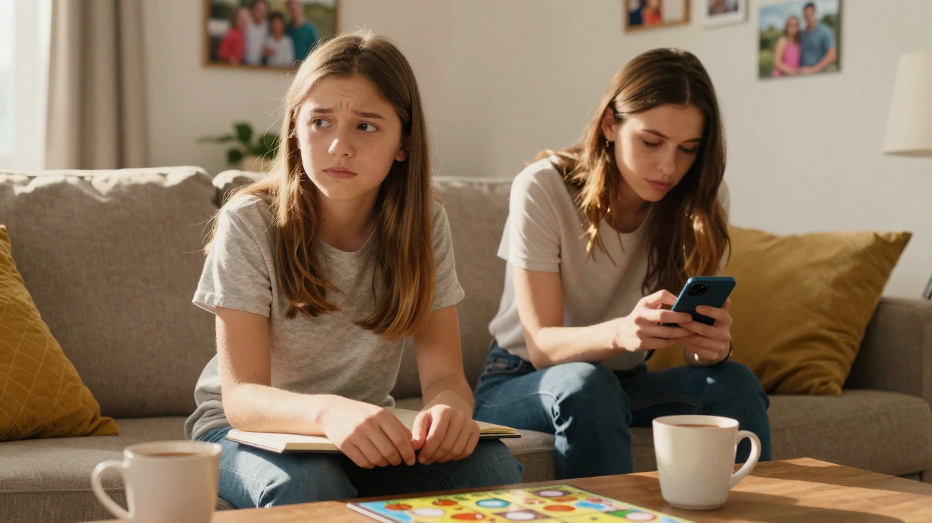 Two young women sit on a sofa in a living room, one looks upset while the other uses a smartphone.