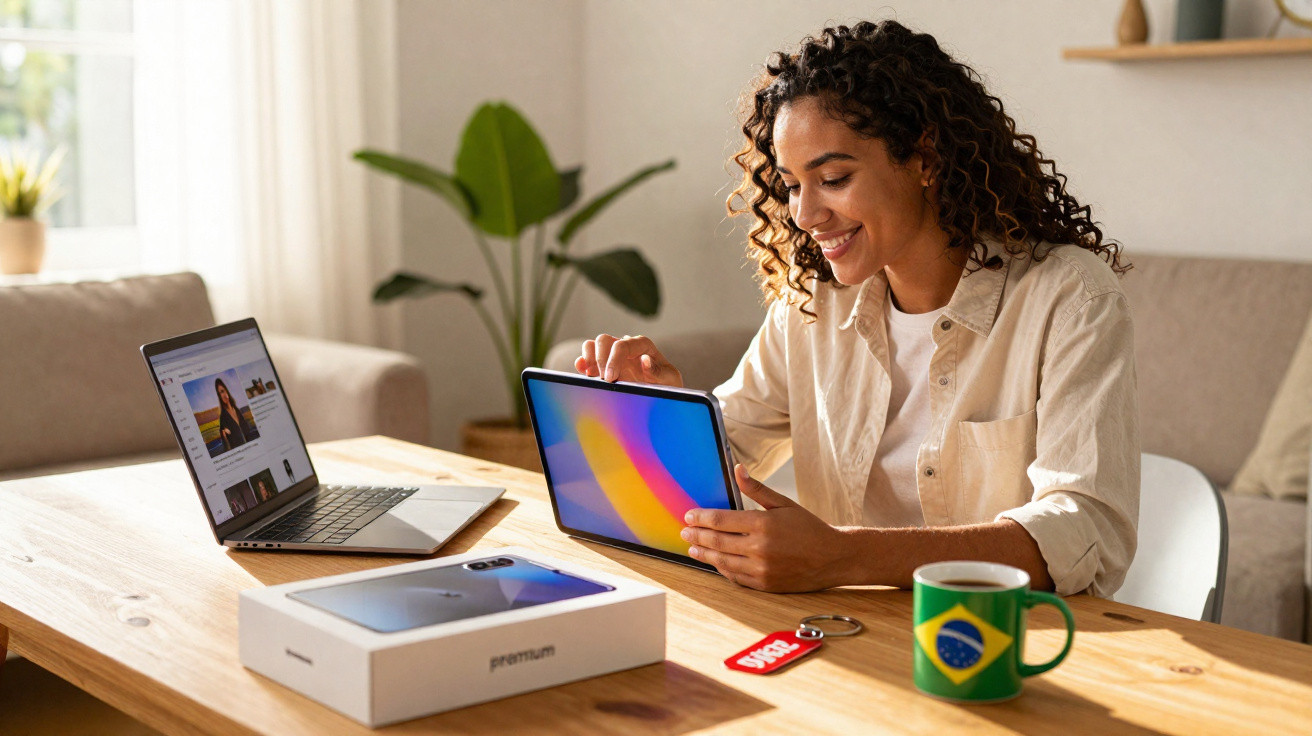 Woman sitting at a wooden table using a tablet, with a laptop, phone box, keychain, and Brazil flag mug nearby.
