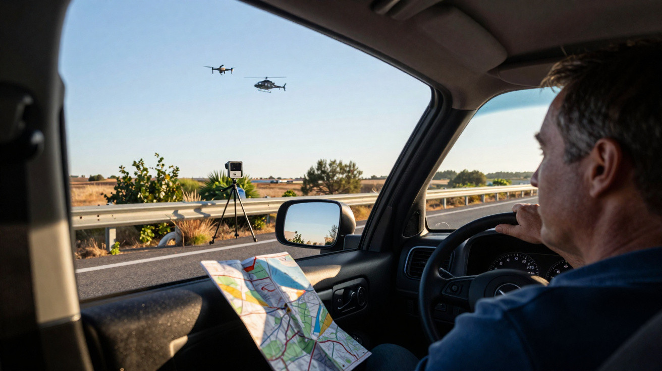 Man driving a car with a map, filming a drone and helicopter flying above a roadside camera setup.