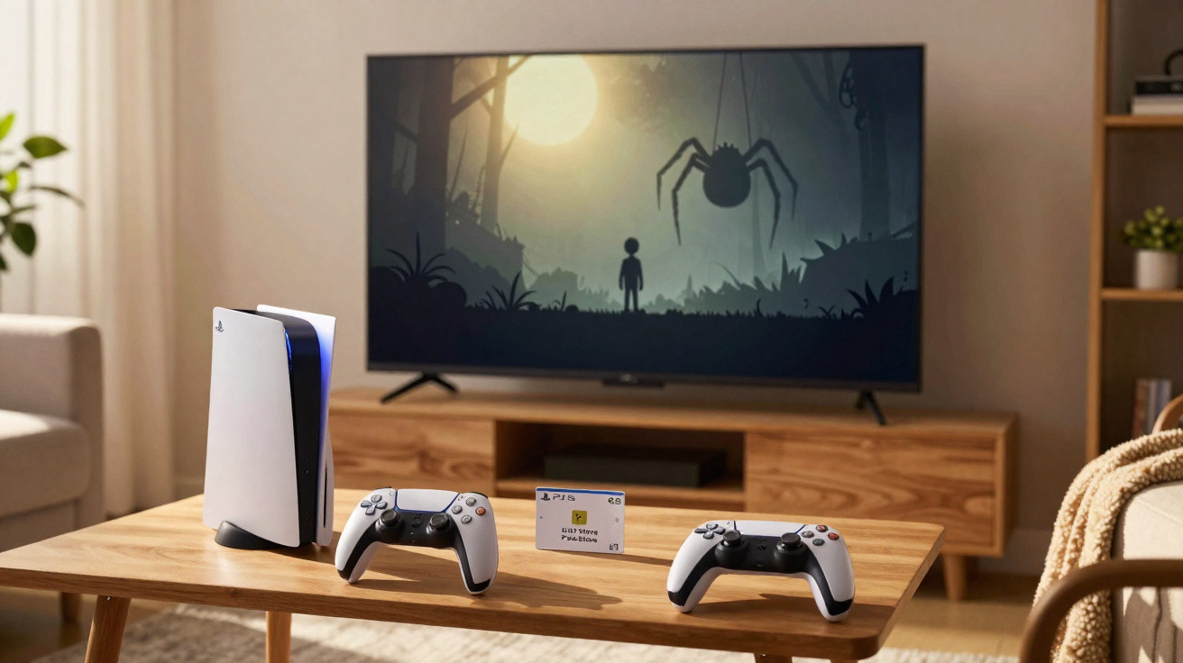 Two PlayStation 5 controllers and console on a wooden table in front of a TV showing a game with a silhouetted character and 
