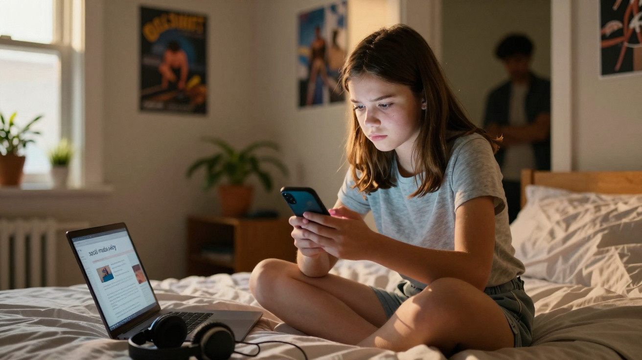 Teenage girl sitting on bed using smartphone with laptop open and headphones nearby in dimly lit room.