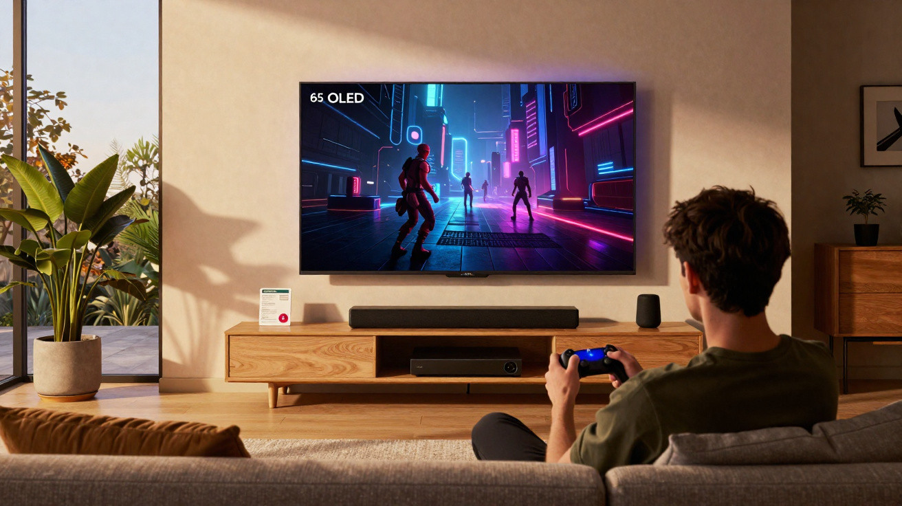 Person playing a video game on a 65-inch OLED TV in a modern, sunlit living room with wooden furniture and plants.