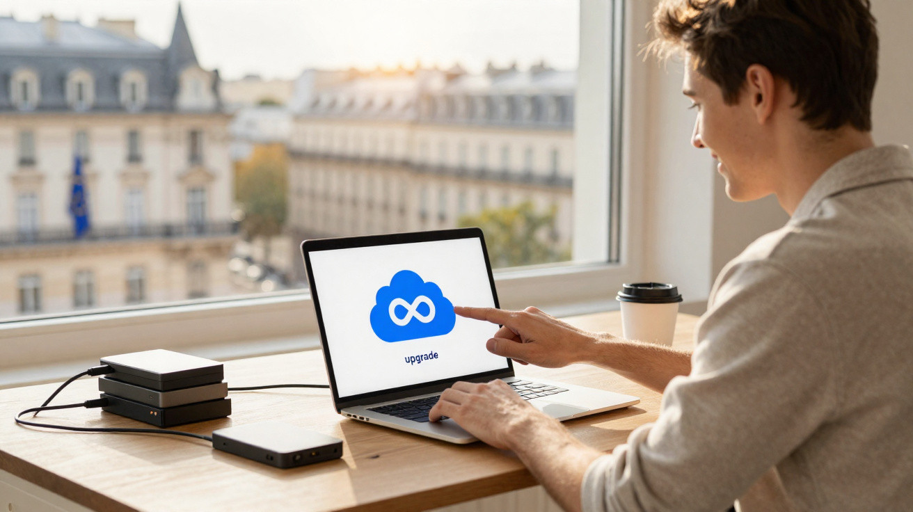 Young man sitting by a window pointing at a laptop screen showing a cloud storage upgrade icon.