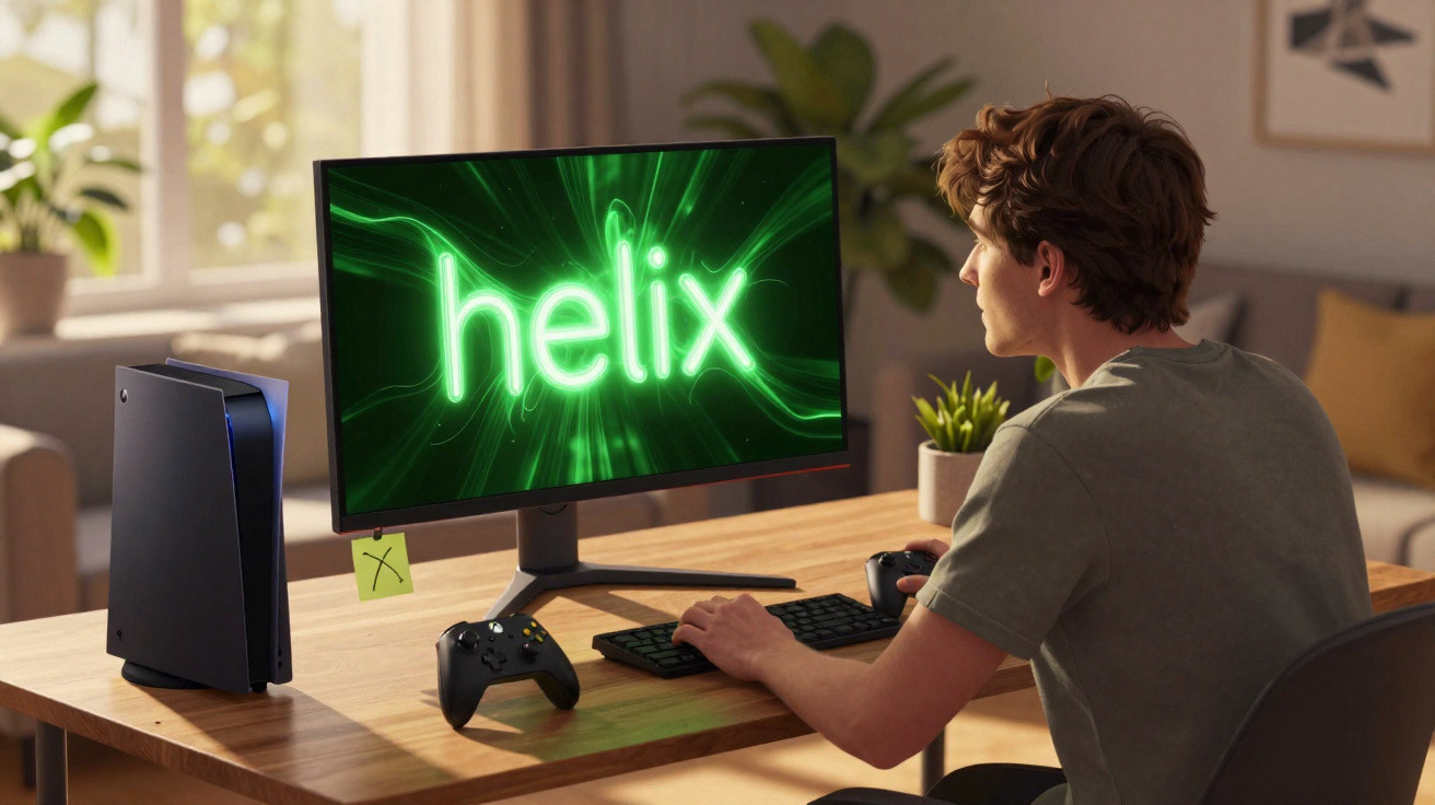 Young man using a gaming PC setup with "helix" displayed on the monitor in a bright, modern living room.