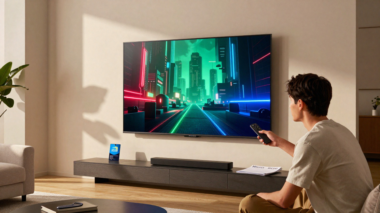 Person sitting on sofa holding remote, watching neon-lit futuristic cityscape on wall-mounted TV.