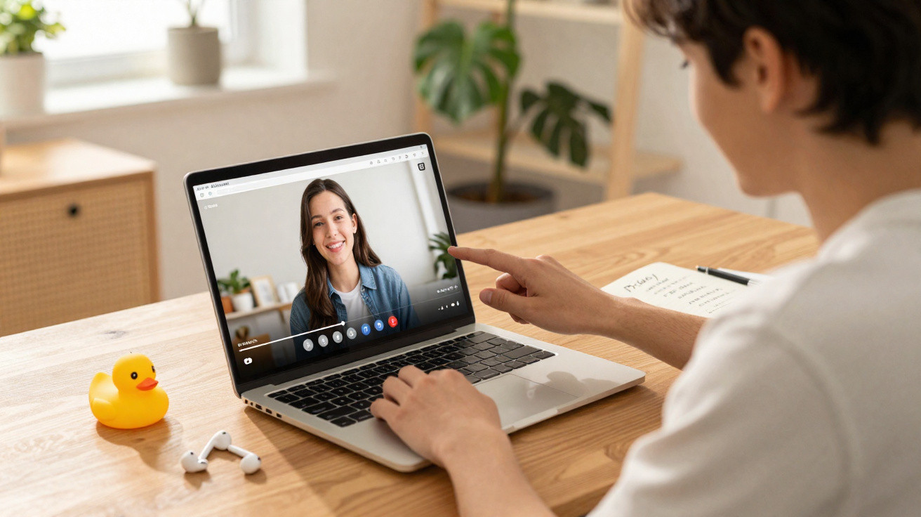 Person attending a video call on a laptop at a wooden desk with a rubber duck and wireless earbuds nearby.