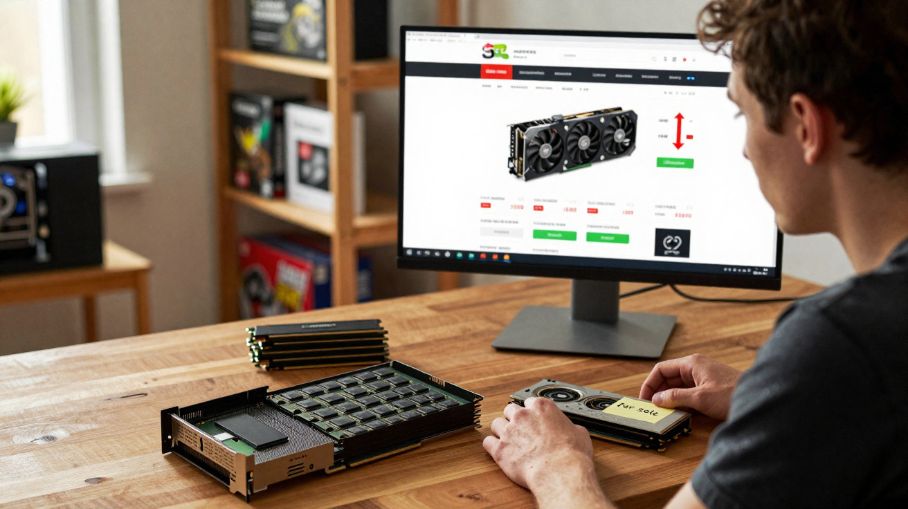 Person holding a graphics card with a computer component and a PC parts website on a monitor in the background.