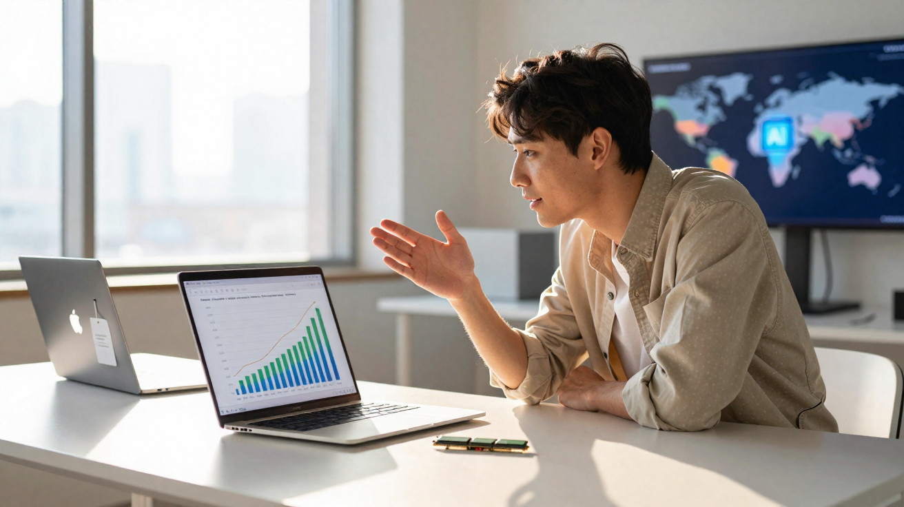 Person explaining a rising bar and line graph displayed on a laptop in a bright office.