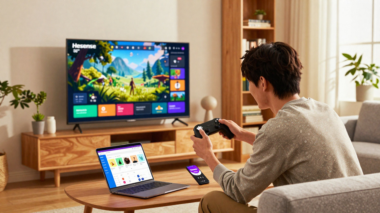 Person playing video games on a TV with a controller, laptop and smartphone on the table in a living room.