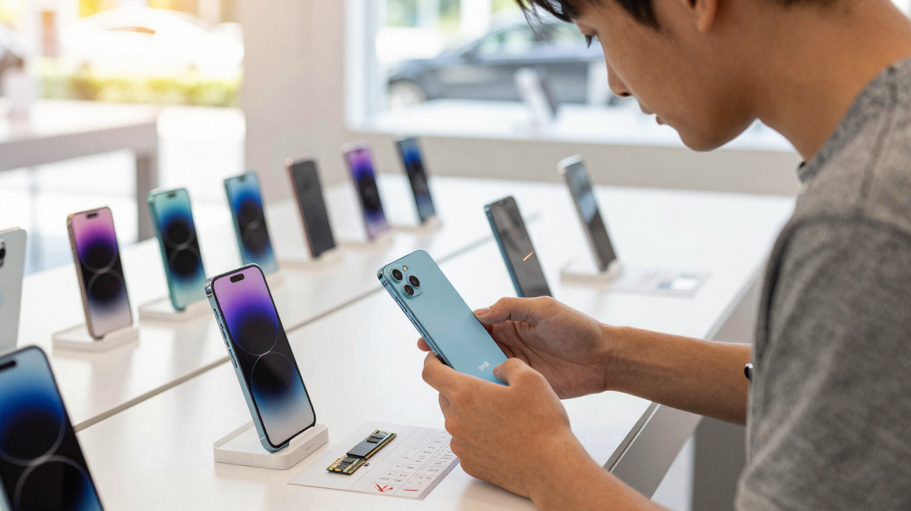 Person holding a blue smartphone in a tech store with various smartphones displayed on stands.