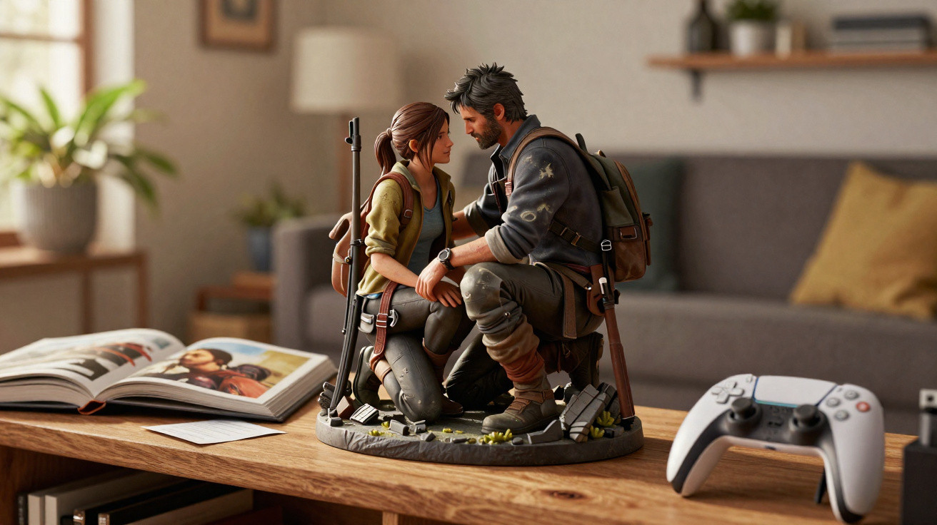 Detailed figurine of two characters kneeling and facing each other on a coffee table with a game controller and open book nea