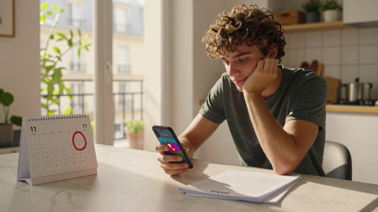 Young man sitting at a table looking at phone with a calendar showing an important date circled in red.