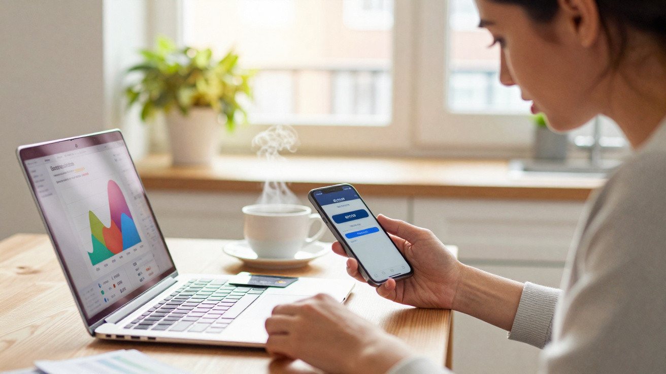 Person logging into a banking app on a smartphone with a laptop showing financial graphs nearby.