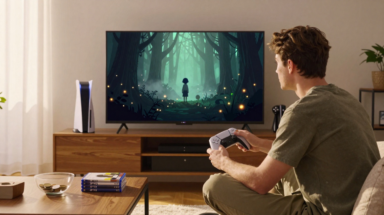 Man sitting on a sofa playing a forest-themed video game on a TV with a console beside it in a living room.