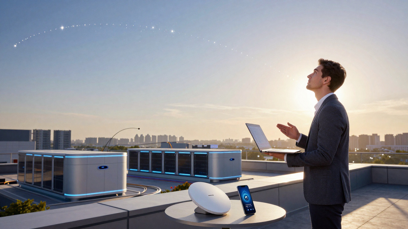 Man in suit holding laptop on rooftop with smart devices and city skyline at sunset.