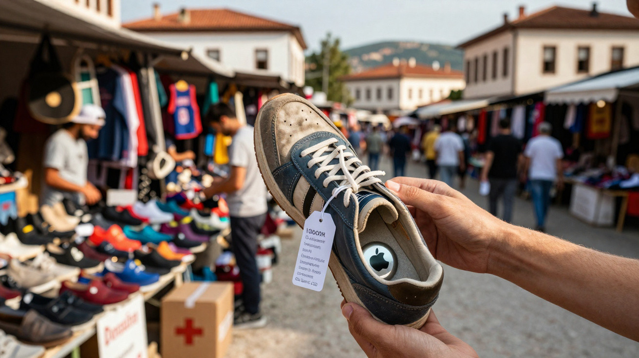 Hands holding a worn sneaker with a price tag at an outdoor market with shoe stalls in the background