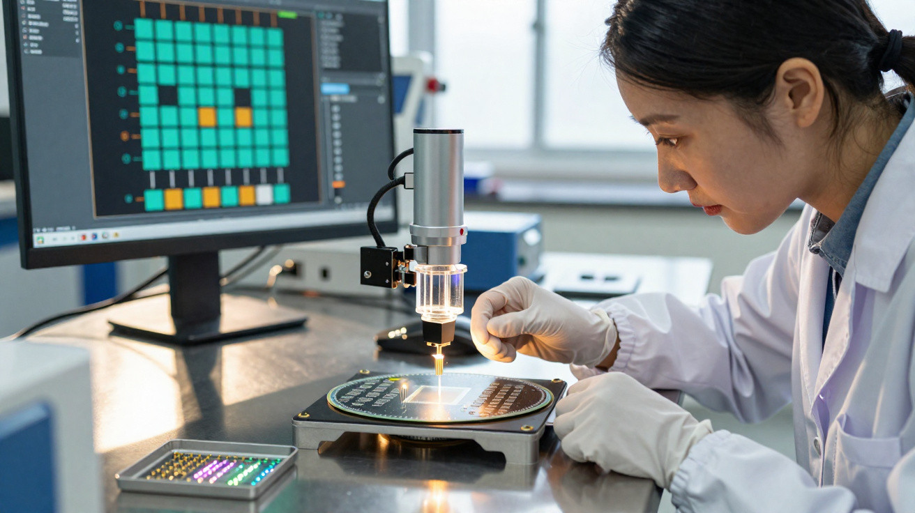 Scientist wearing gloves operating microscope to inspect a semiconductor wafer in a lab.