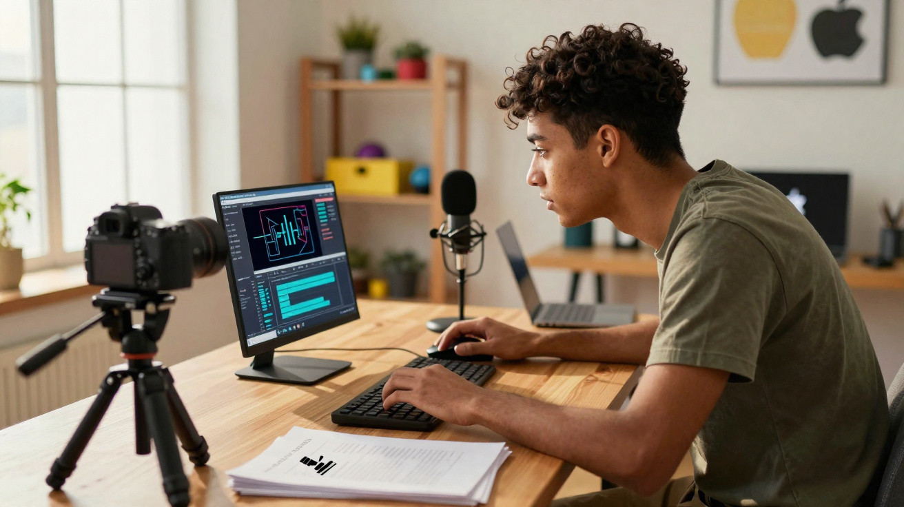 Young man editing audio on a computer in a bright workspace with a camera and microphone nearby.