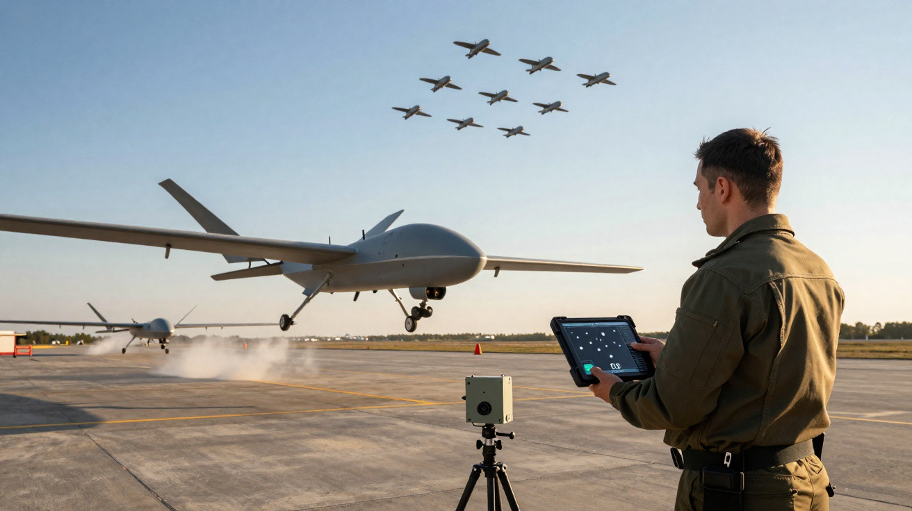 Man operating drone with tablet on runway as another drone takes off and seven jets fly overhead in formation.