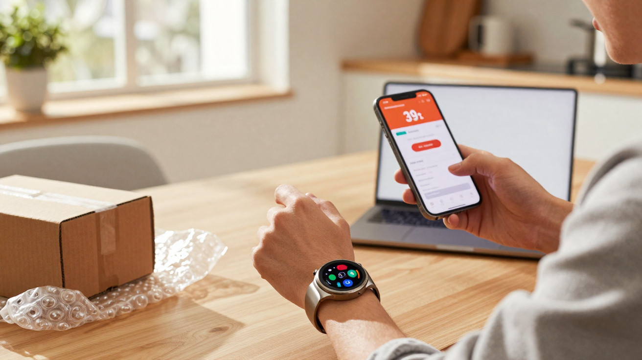 Person using a smartphone app with a smartwatch on their wrist at a wooden table with a laptop and cardboard box.