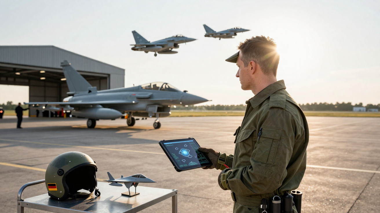 Airforce pilot with tablet monitoring fighter jets on runway and taking off near hangar at sunset.