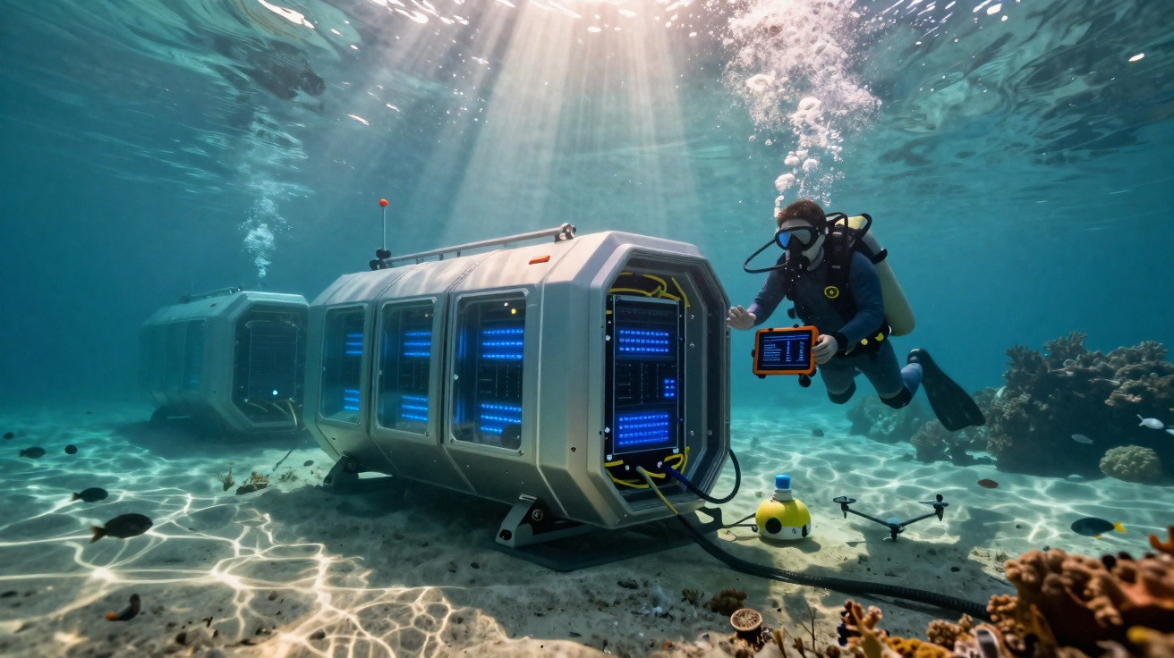 Underwater scientist in scuba gear examines high-tech marine research pod on ocean floor surrounded by coral and fish.