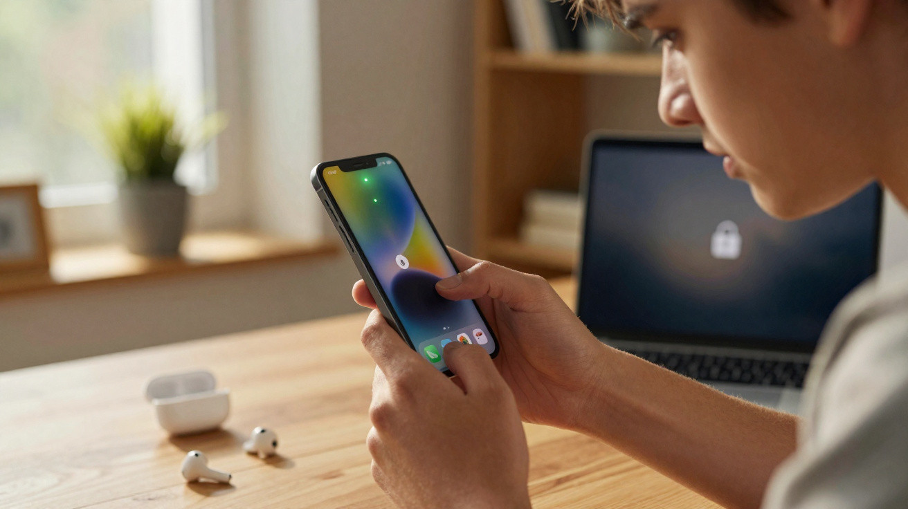 Person holding a smartphone with AirPods and a laptop on a wooden table in a home office setting.