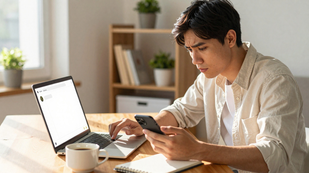 Young man focused on smartphone and laptop at wooden desk with notebook and mug in bright room.