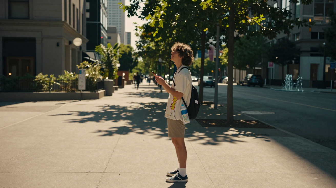 Young person stands on sunlit city pavement holding smartphone, wearing casual clothes and backpack.
