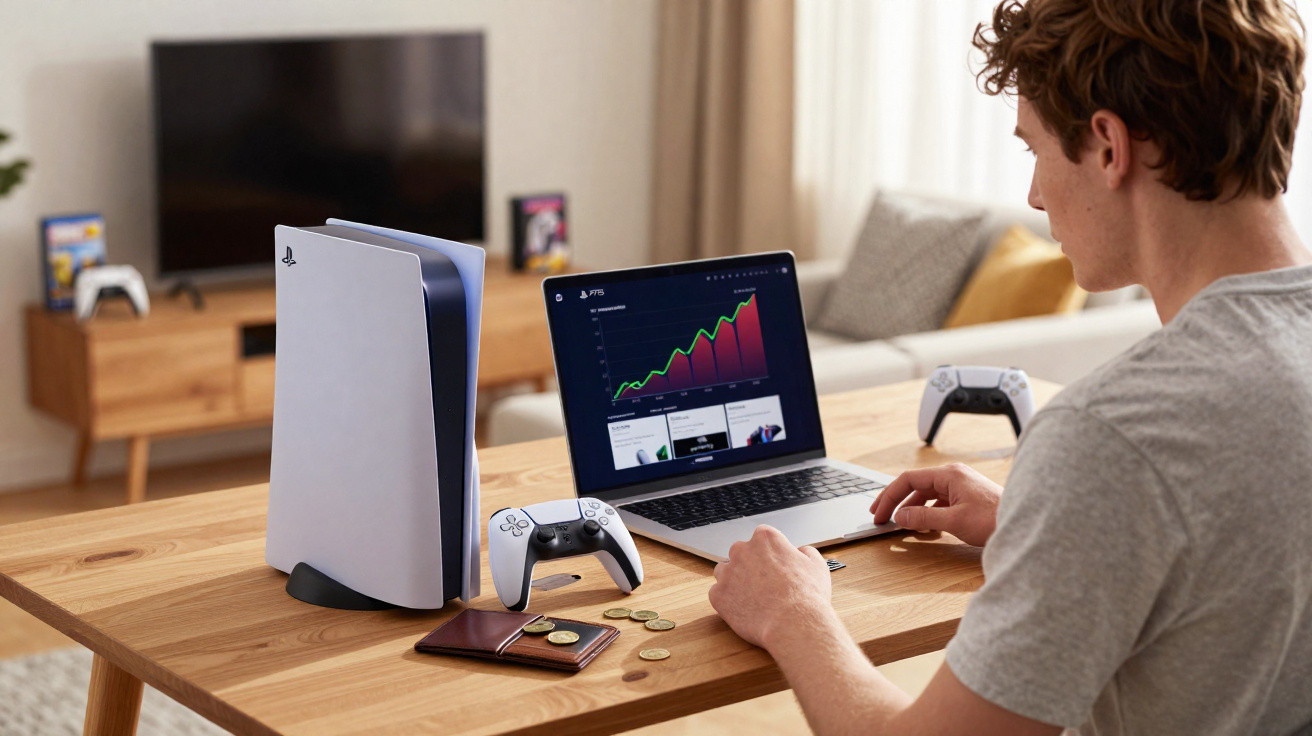 Young man sitting at a wooden table with a PlayStation 5, controller, laptop showing a rising graph, and coins on the table.
