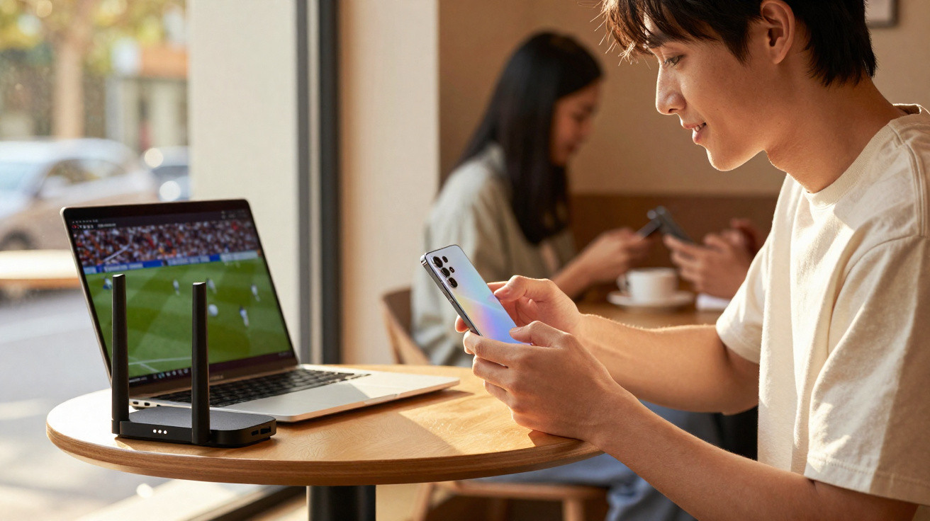 Young man smiling at smartphone while sitting at a table with a laptop and router in a bright café.