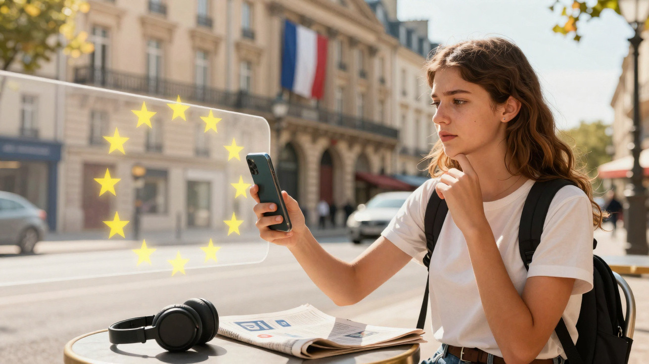 Young woman using smartphone outdoors with digital European Union stars and French flag in background.