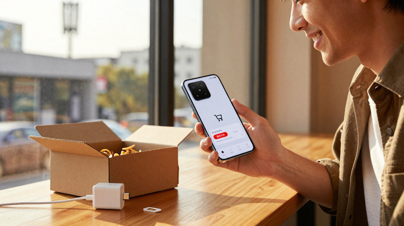 Person holding a smartphone with an online shopping cart open, next to a box and charger on a wooden table.