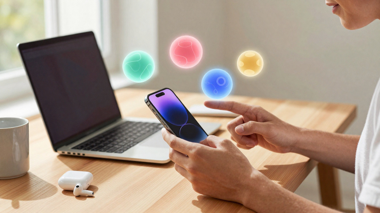 Person interacting with smartphone displaying colourful floating digital orbs, beside a laptop and wireless earbuds on a wood