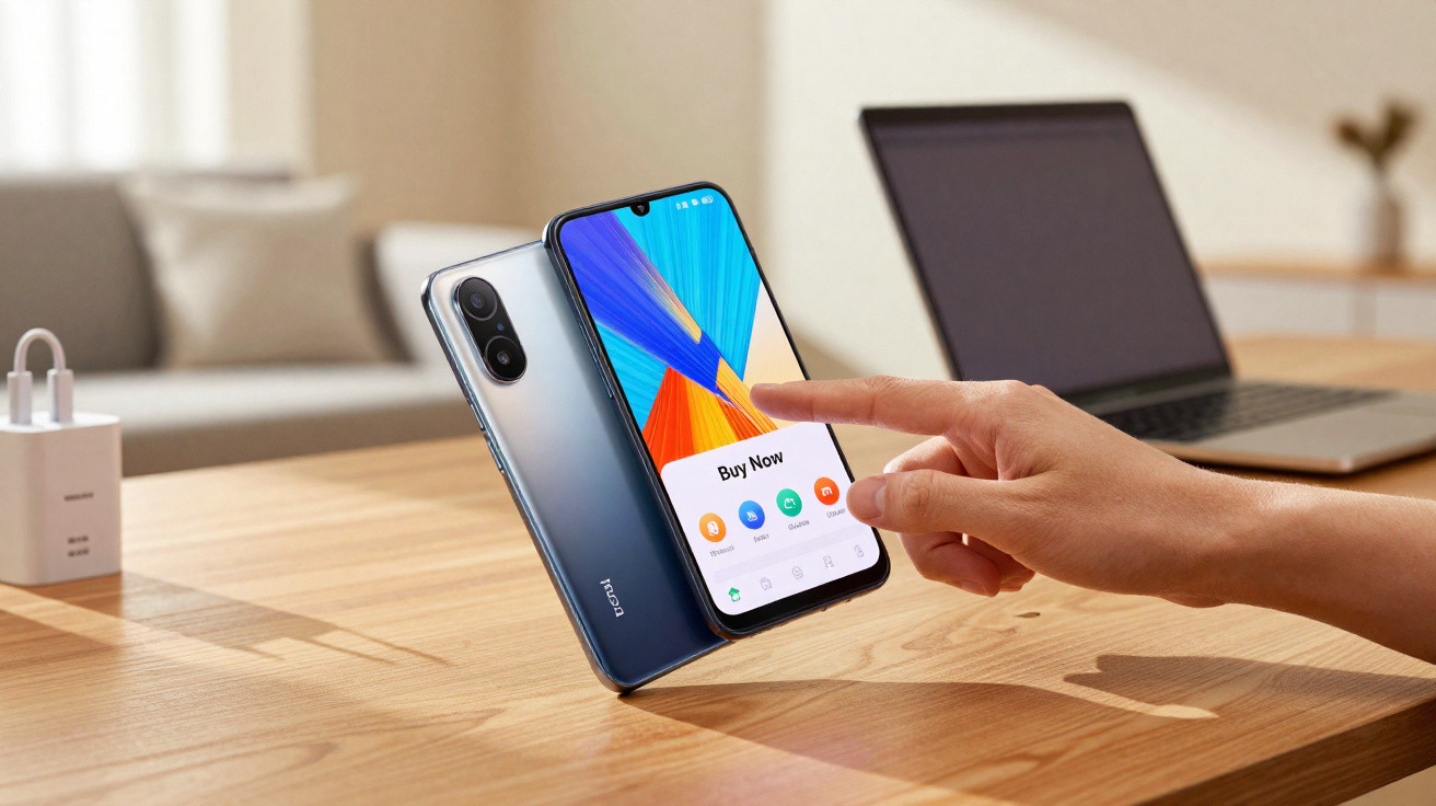 Hand touching smartphone screen displaying "Buy Now" on wooden desk with laptop in background.
