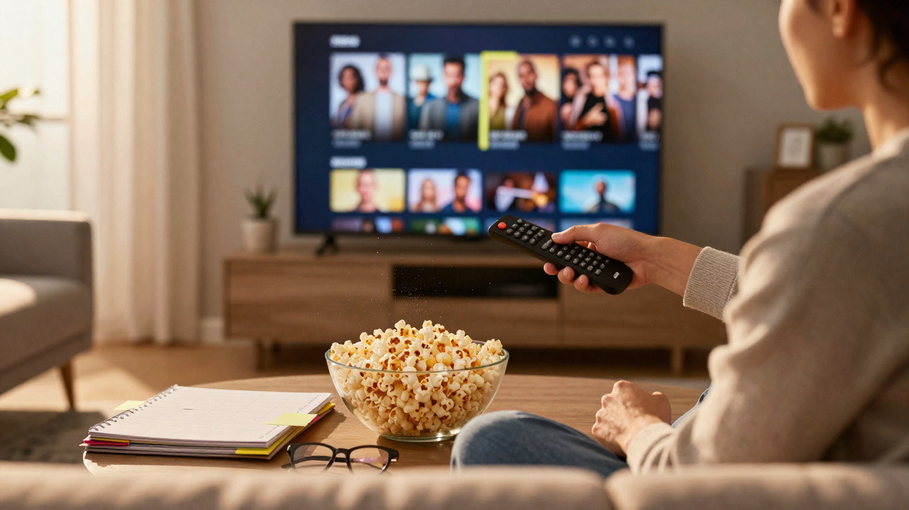 Person holding remote watching TV with popcorn, notebooks, and glasses on table in living room.