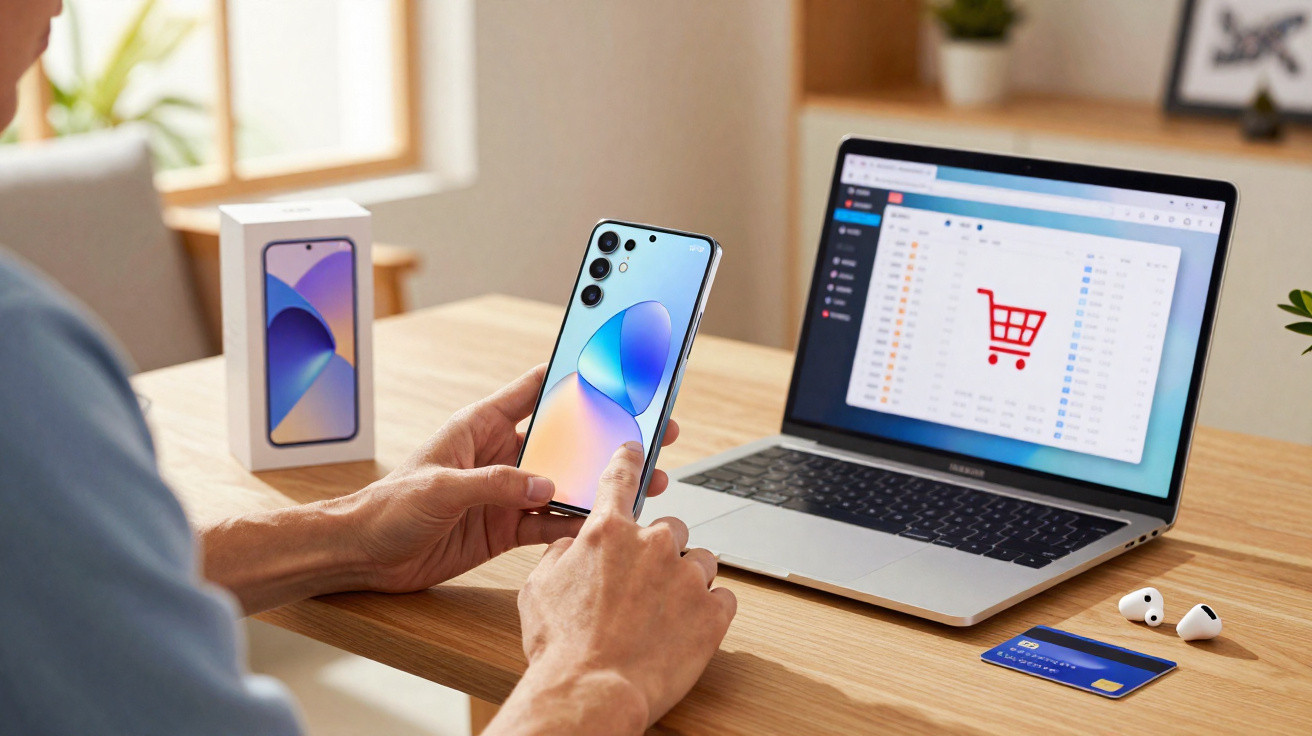 Person holding a smartphone with a laptop showing a shopping cart icon and credit card on desk.