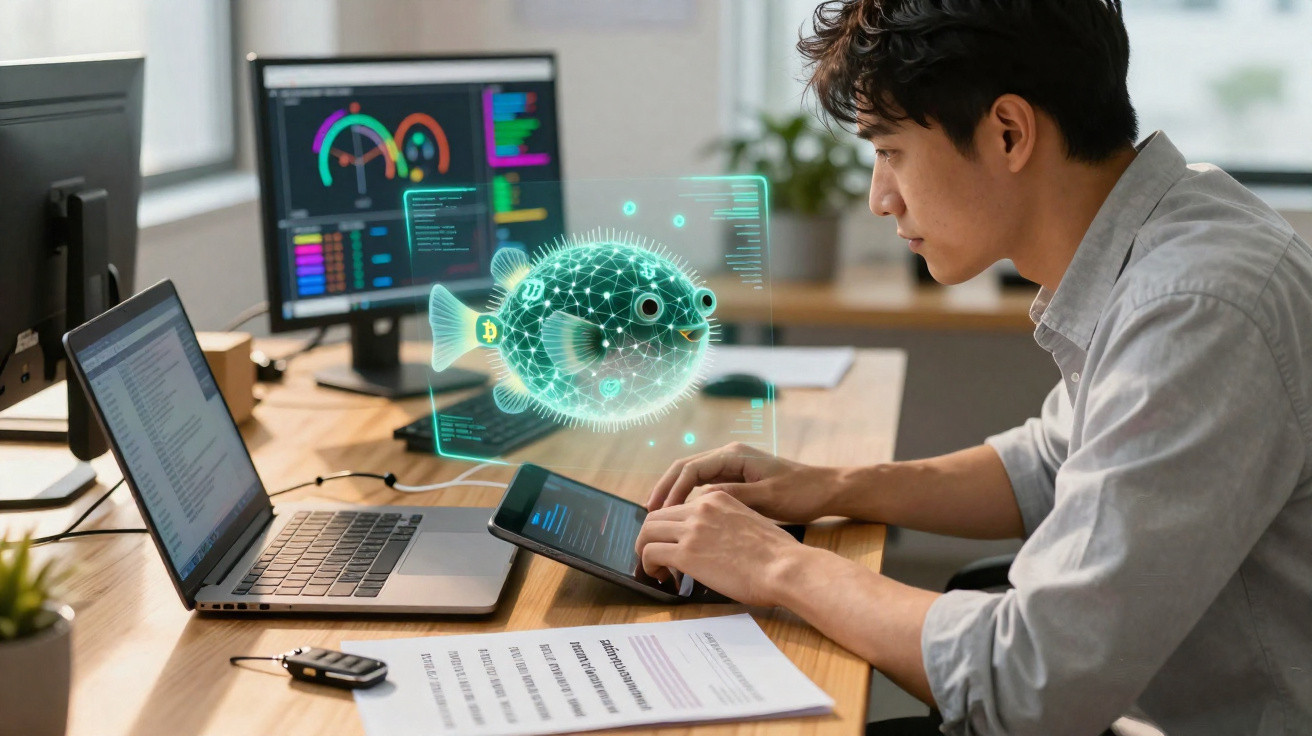 Man analysing a digital fish hologram related to NFT on a tablet, with laptops and monitors on the desk.