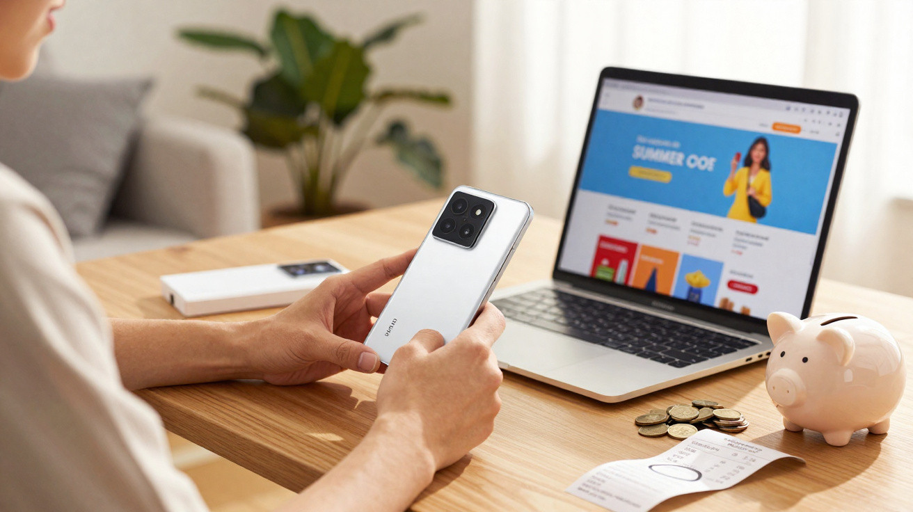 Person holding a smartphone at a desk with a laptop, coins, a piggy bank, and a receipt in a home setting.