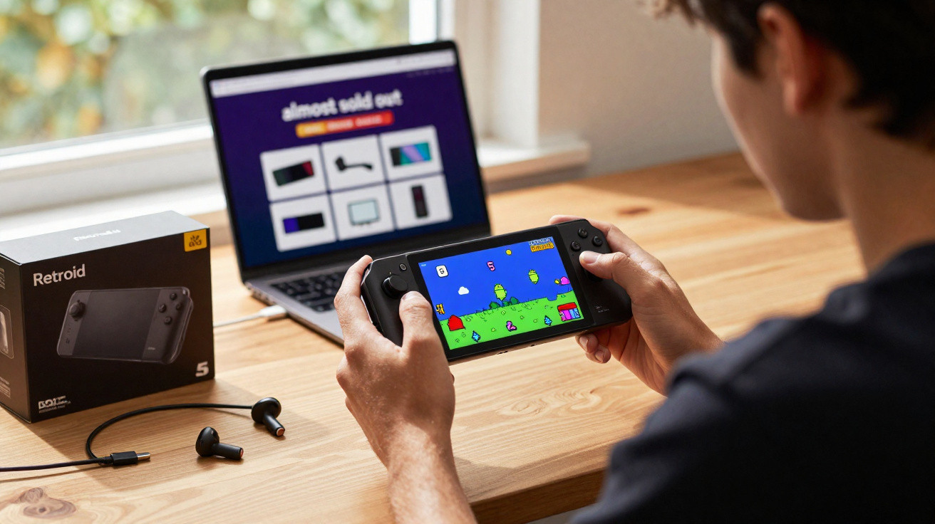 Person holding a Retroid handheld gaming console playing a pixel art platformer with a laptop and packaging on a wooden table